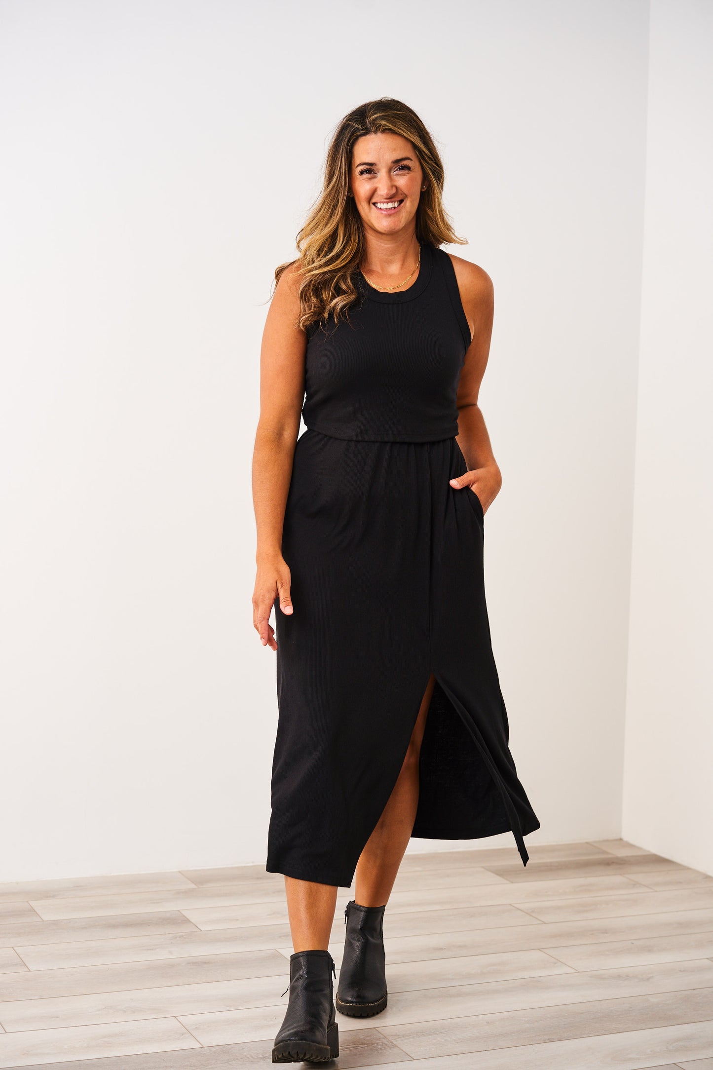Latched Mama Ribbed Midi Nursing Slit Dress