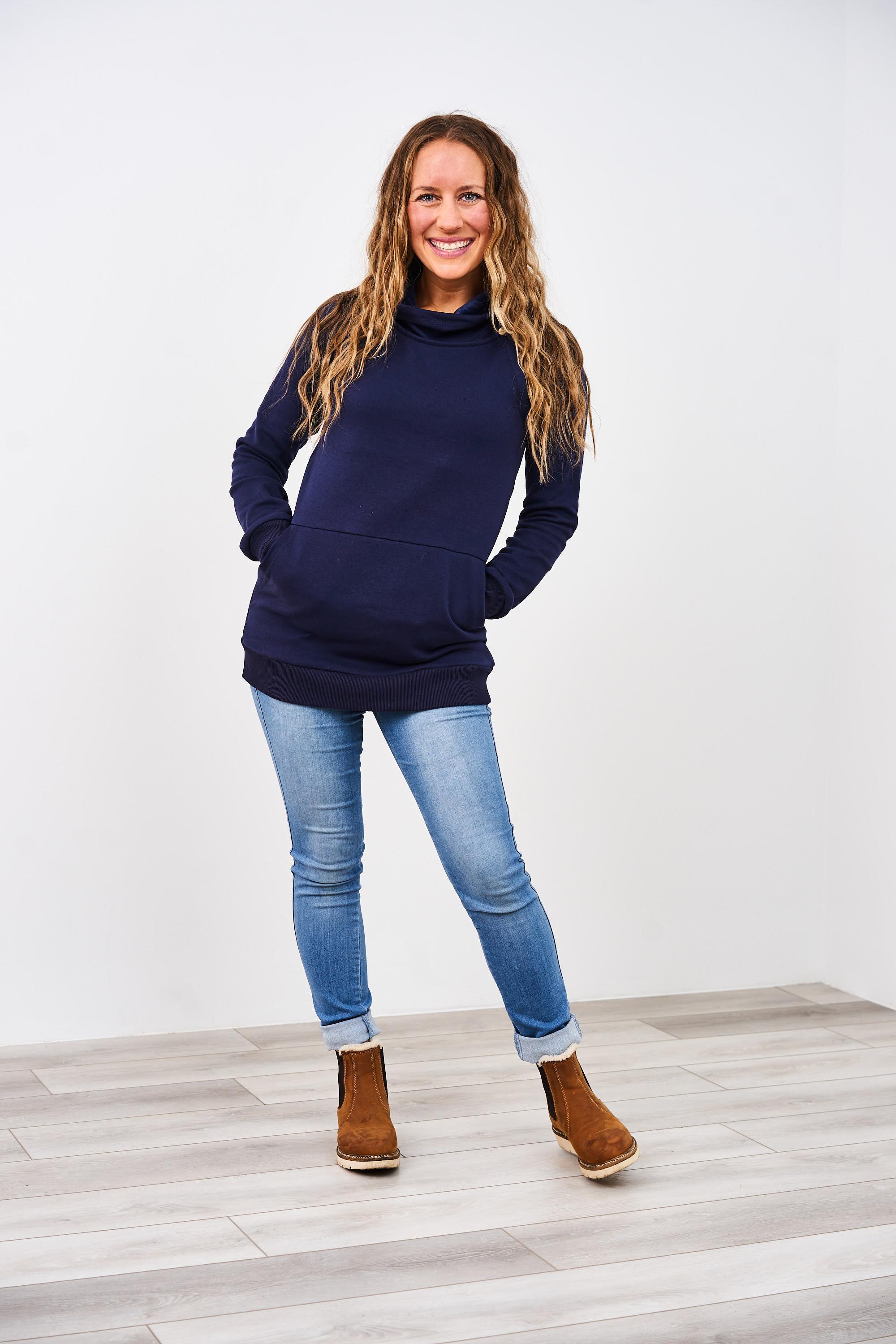 Latched Mama Harbor Snap Nursing Pullover in Peacock showing the raglan sleeves on a white background