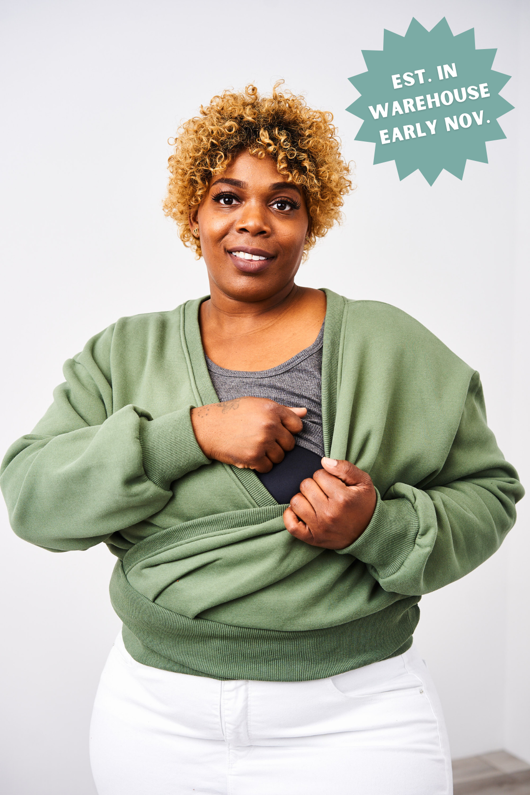 Woman wearing a green sweater with a white background and promotional text overlay.