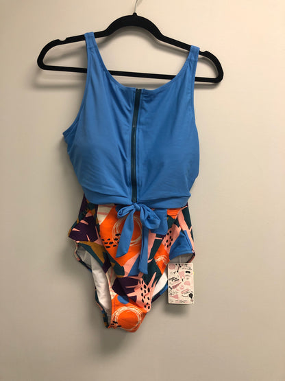 Outlet 6999 - Latched Mama Front Zip Nursing Swim One Piece with Pockets - Final Sale - Surf Blue/Golden Beach - Large