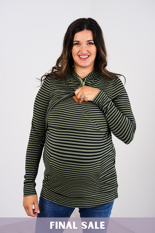 Outlet 6037 - Latched Mama Cloud Nursing Hoodie - Olive Stripe - Extra Extra Small