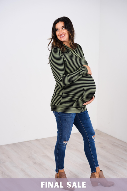 Outlet 6037 - Latched Mama Cloud Nursing Hoodie - Olive Stripe - Extra Extra Small
