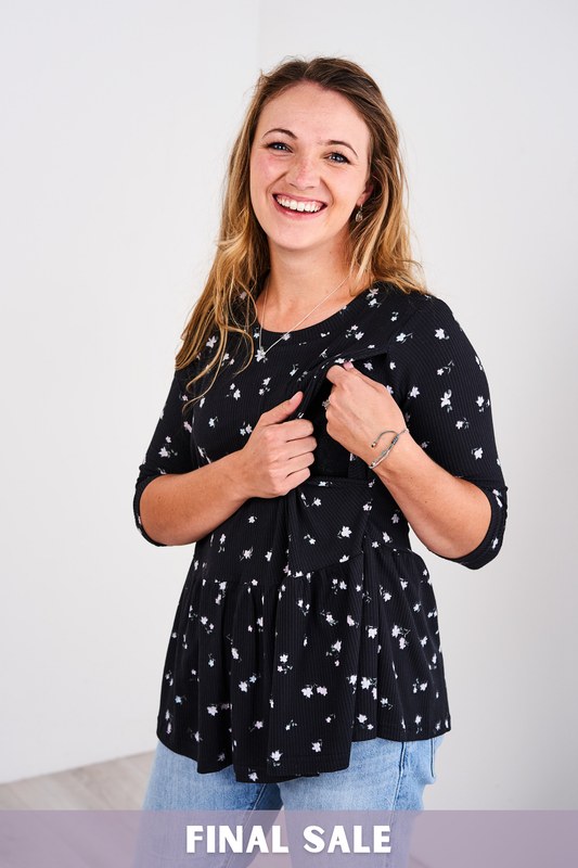 Outlet 5960 - Latched Mama 3/4 Sleeve Babydoll Nursing Tee - Carbon Bouquet - Extra Extra Small