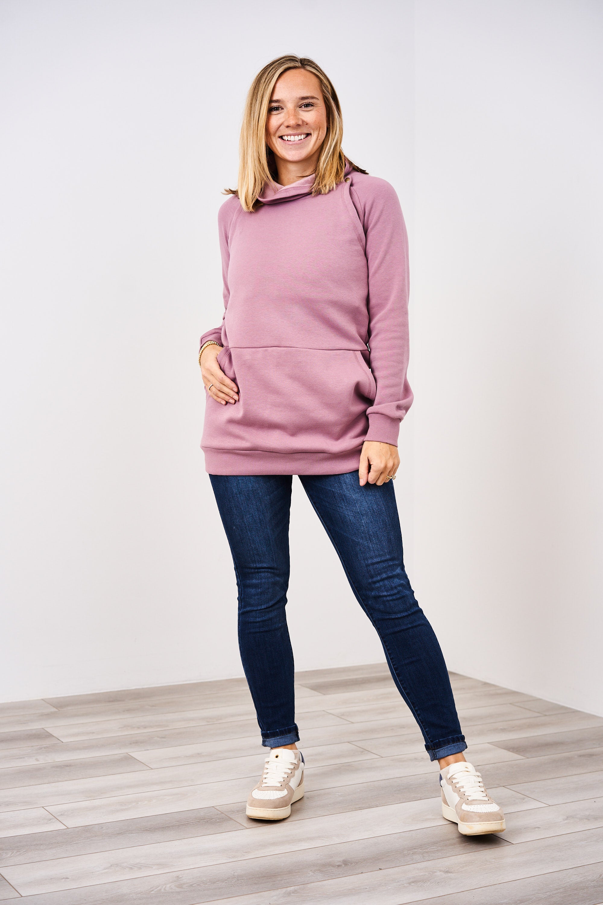 Full length view of the Latched Mama Harbor Snap Nursing Pullover in Lavender on a white background