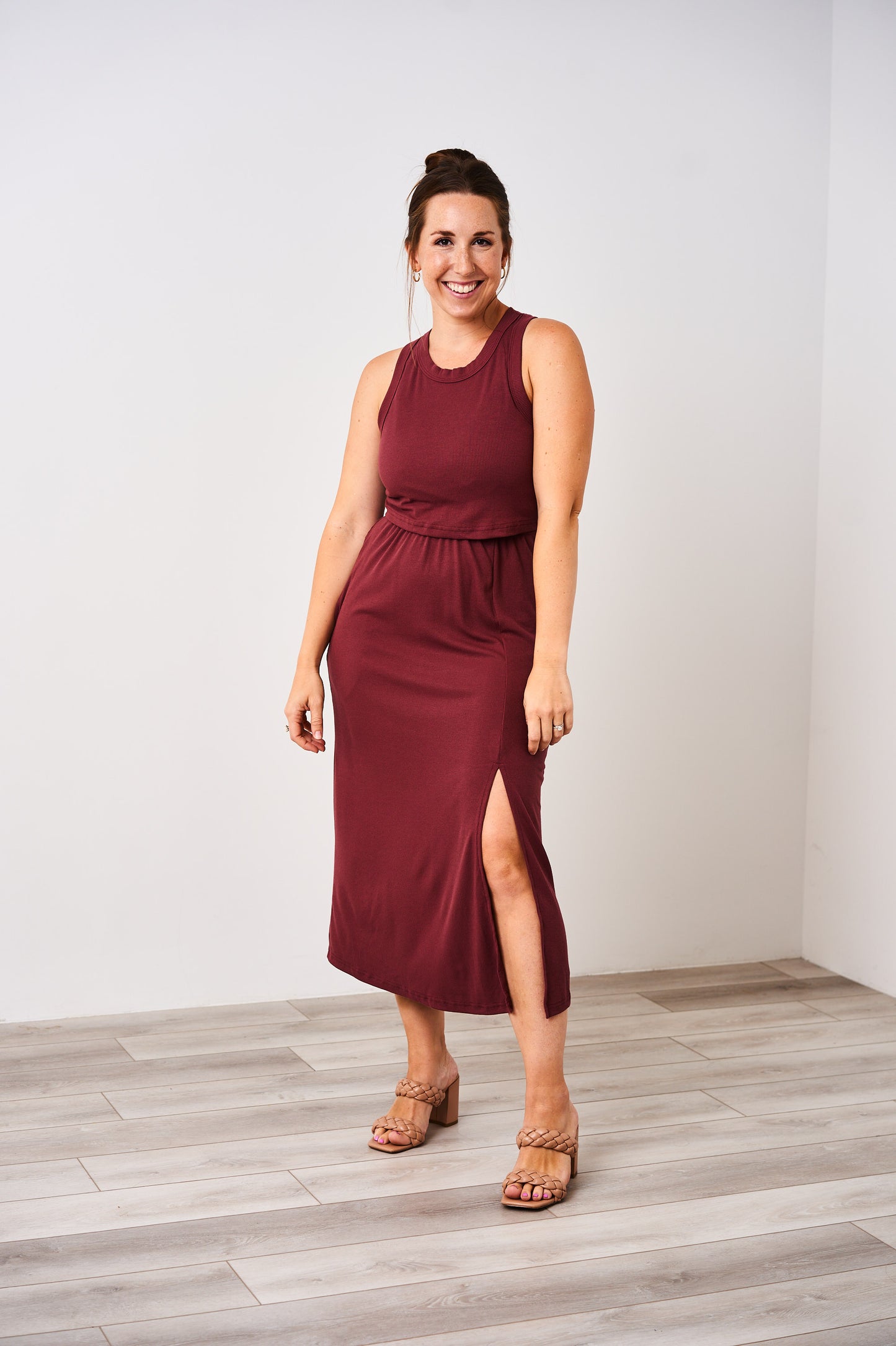 Latched Mama Ribbed Midi Nursing Slit Dress