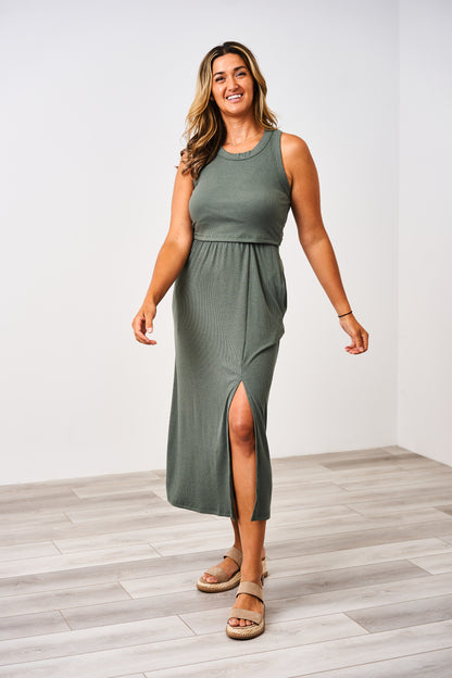 Latched Mama Ribbed Midi Nursing Slit Dress